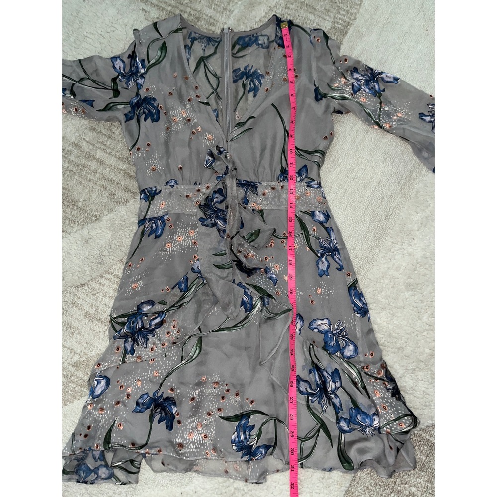 For Love & Lemons Grey Floral Iris Ruffle Mini Dress Long Sleeve V-Neck Small - Picture 6 of 6